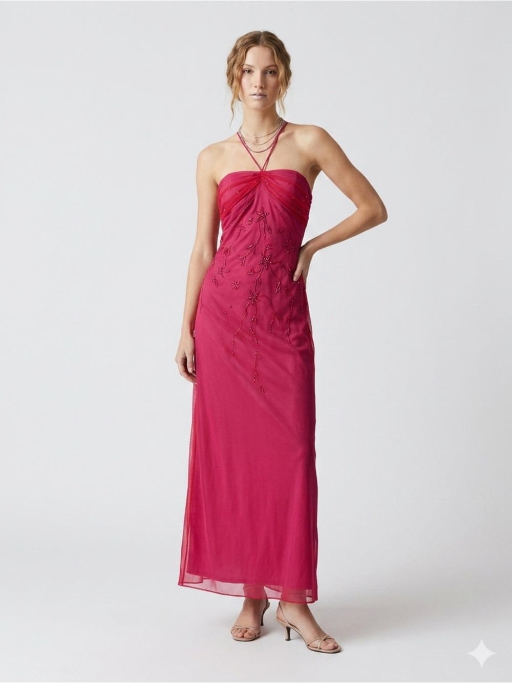 NWT VTG Y2K Roberta Pink Red Mesh Beaded Halter Prom Dress Gown size M